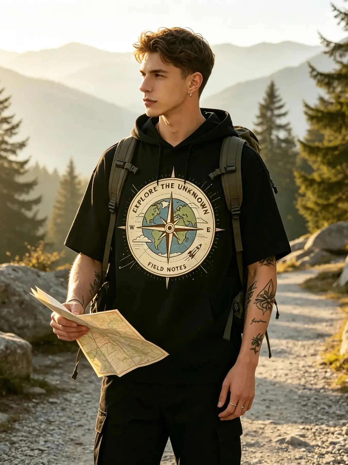 Outdoor Adventure World - メンズ半袖フード付きTシャツ、未知の世界を探索するコンパスと世界地図のグラフィック入りフーディーTシャツ、リラックスフィットのアドベンチャー・アウトドア・ストリートウェアプルオーバートップ